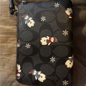 Coach Black Wristlet with Snowman and Snowflake Design